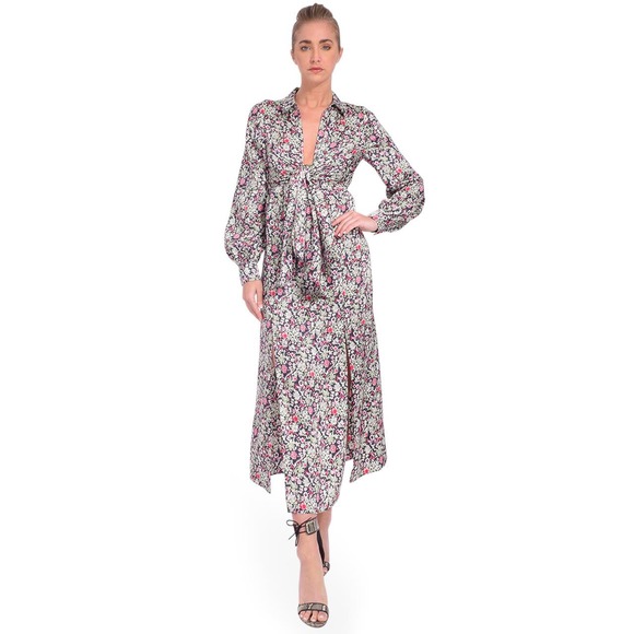 CINQ A SEPT Quinn Dress Womens Floral Print Navy Multi Layered Shirt Tie Midi - Picture 2 of 16